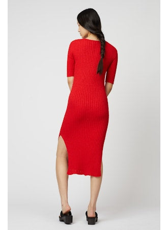 Boucle V-Neck Dress in Red