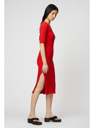 Boucle V-Neck Dress in Red