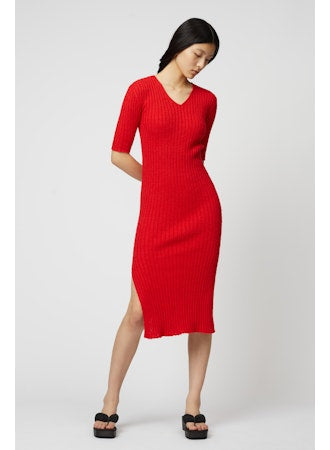 Boucle V-Neck Dress in Red